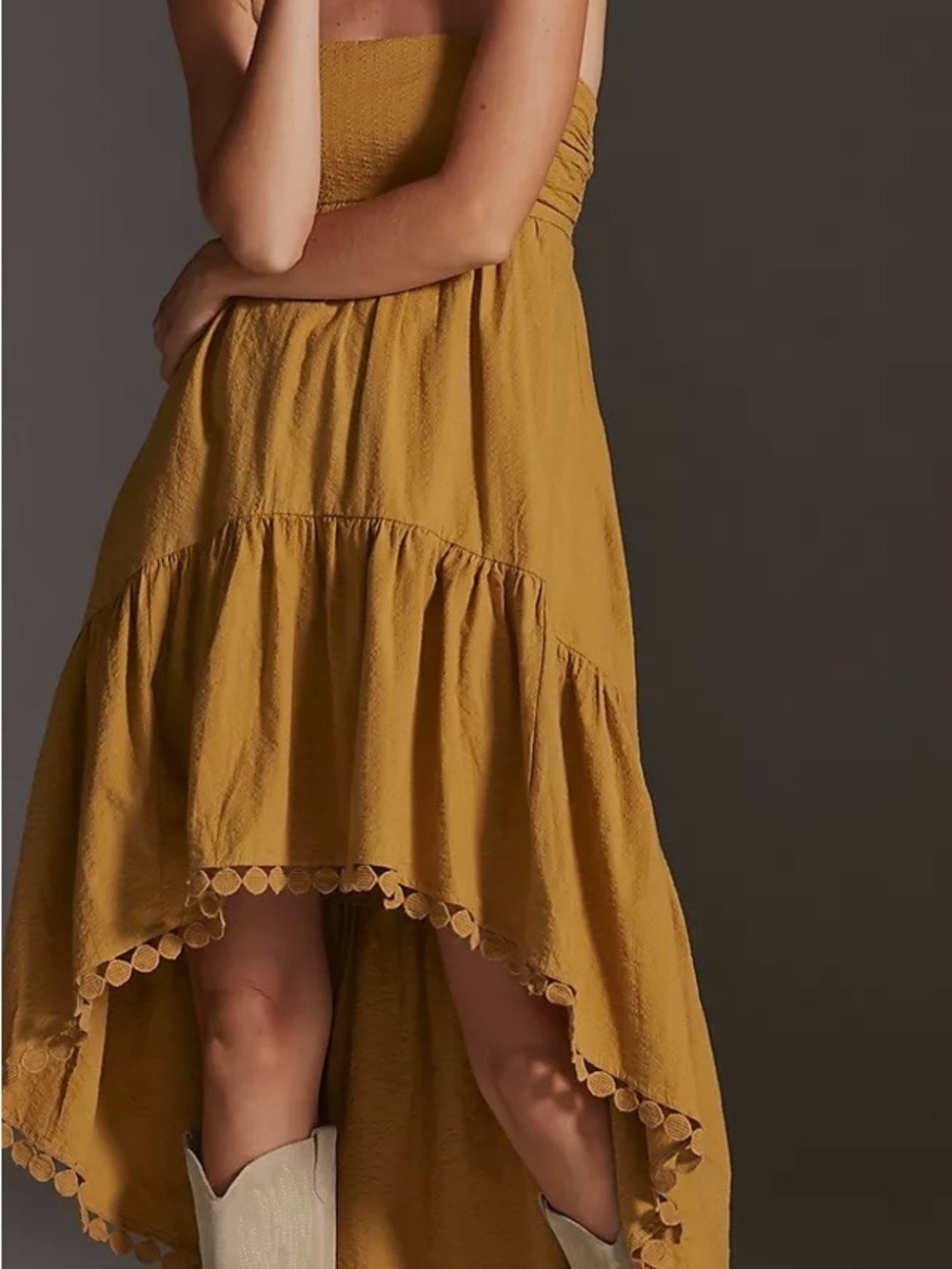 Maeve High-Low Strapless Midi Dress by Anthropologie